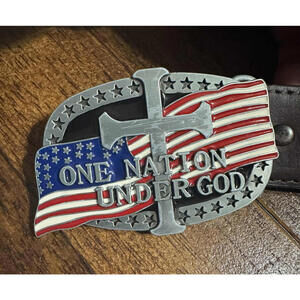 USA One Nation Under God Buckle SCHMIDT Genuine Leather Brown Men's Size 34
